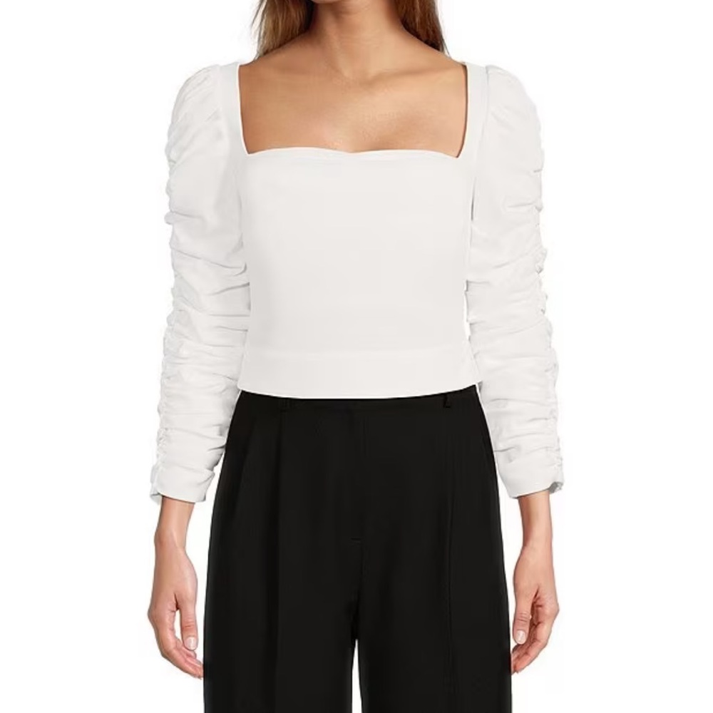 White Square-Neck Ruched Sleeve Top - Women